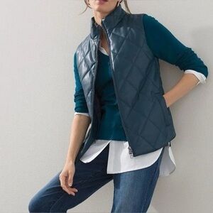Chico’s Quilted Faux Leather Vest Blue Zip Pockets Size 2 US 12-14